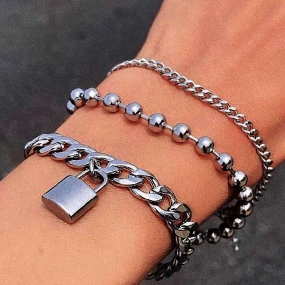 MEN’s Streetwear Y2K 90s Padlock Charm Ball Chain Cool Silver Bracelets set cute - Picture 1 of 4